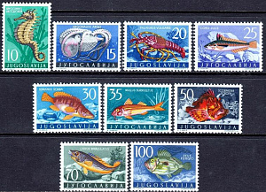 Югославия, 1956 , Рыбы и морская Фауна, 10 марок * след наклейки